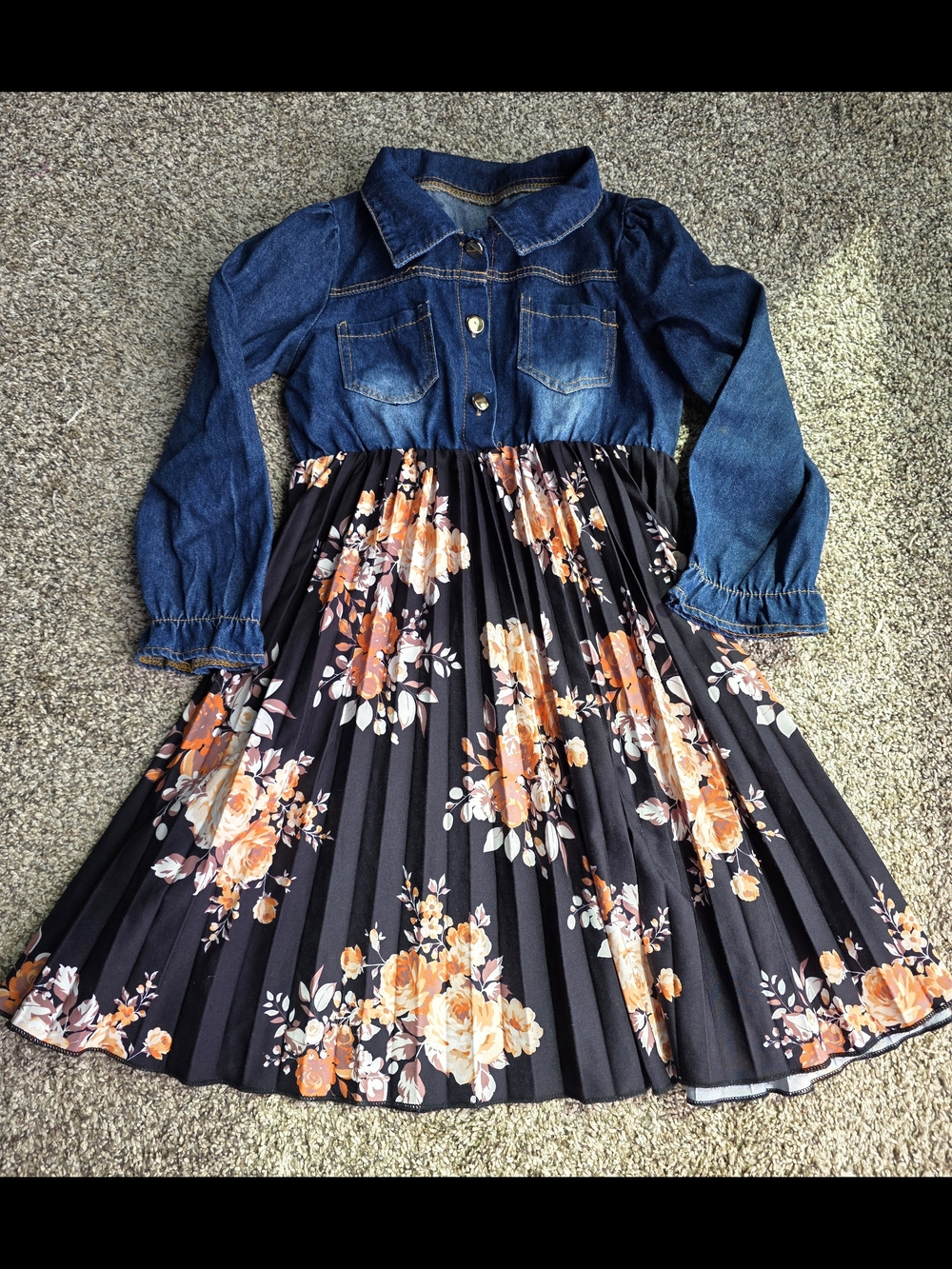 SHEIN Denim Top Floral Pleated Skirt Dress Girls Size 7Y
